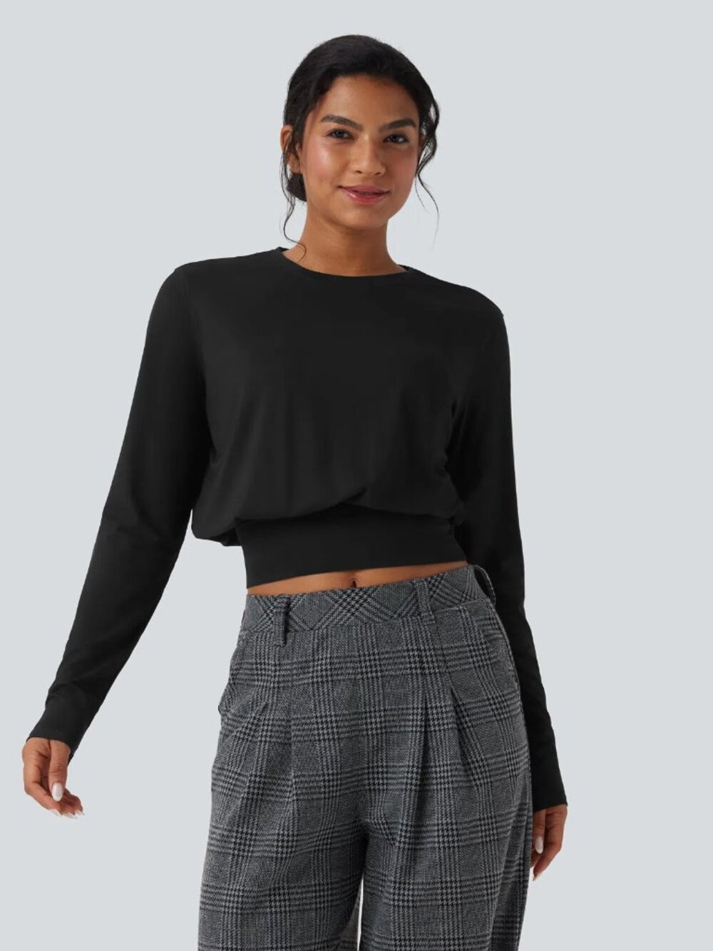 Round Neck Long Sleeve Work Top by Halara